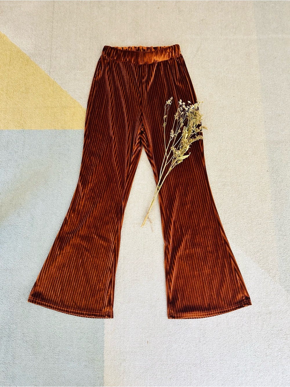Rust Brown Velvet Like  Ribbed Flare Pants